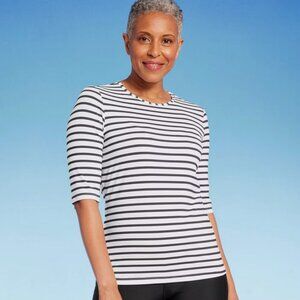 Lands' End UPF 50 Striped Crewneck Half Sleeve Rash Guard - Navy Blue/White XS